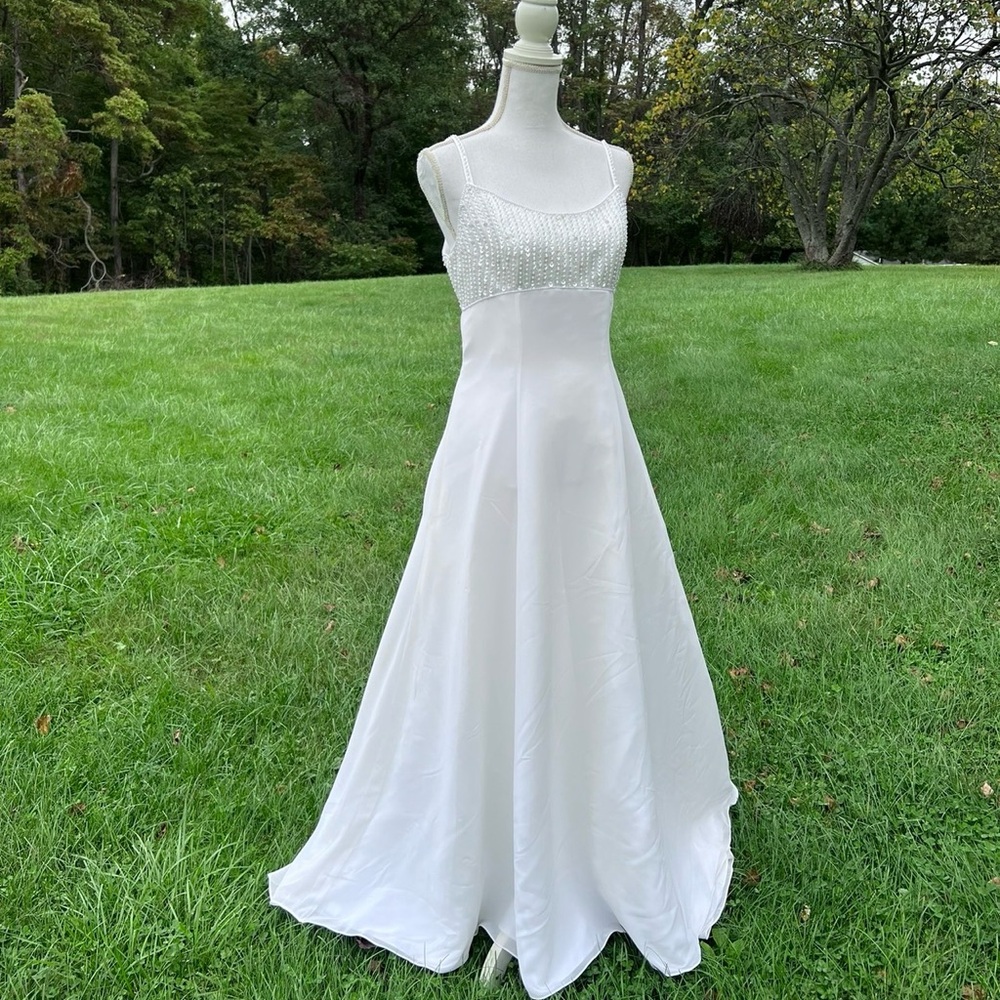 Mary’s  White Beaded wedding gown with Head dress